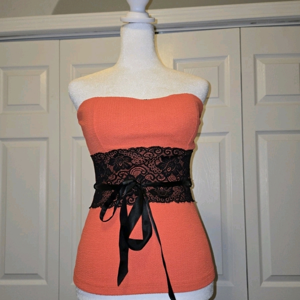 Body Central Y2K Vintage Strapless Tube Top Coral Lace Corset Tie Belt Medium M